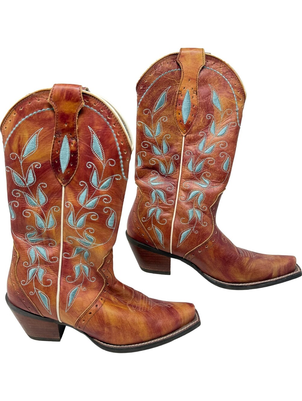 Ariat Women's Western Boot Size 6.5B Snip Toe Brown w/ Turquoise Stitch 10006309